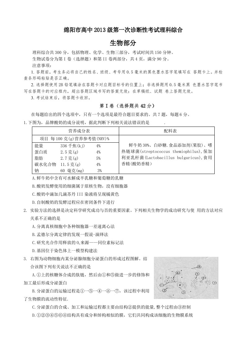 绵阳市高中2013级第一次诊断性考试理科综合生物部分