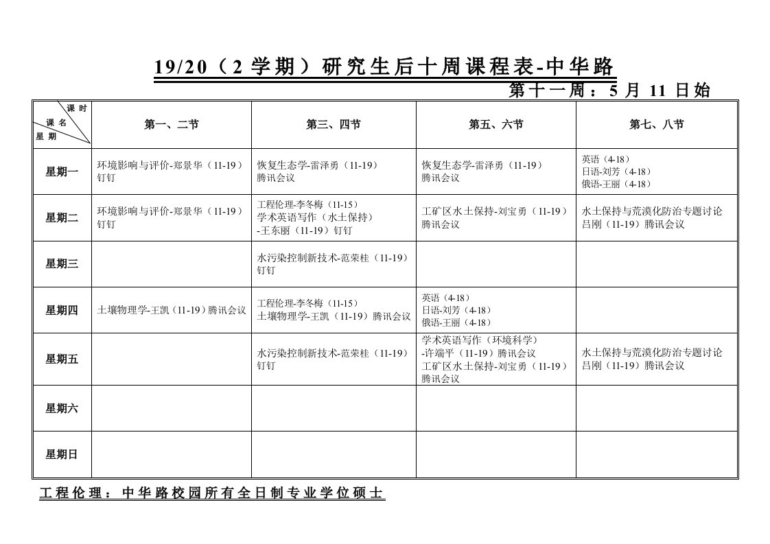 1920(2学期)研究生后十周课程表-中华路