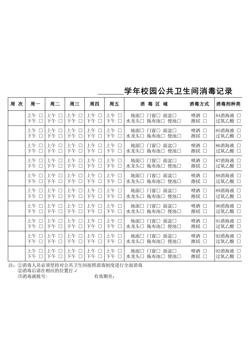 公共卫生间消毒记录表