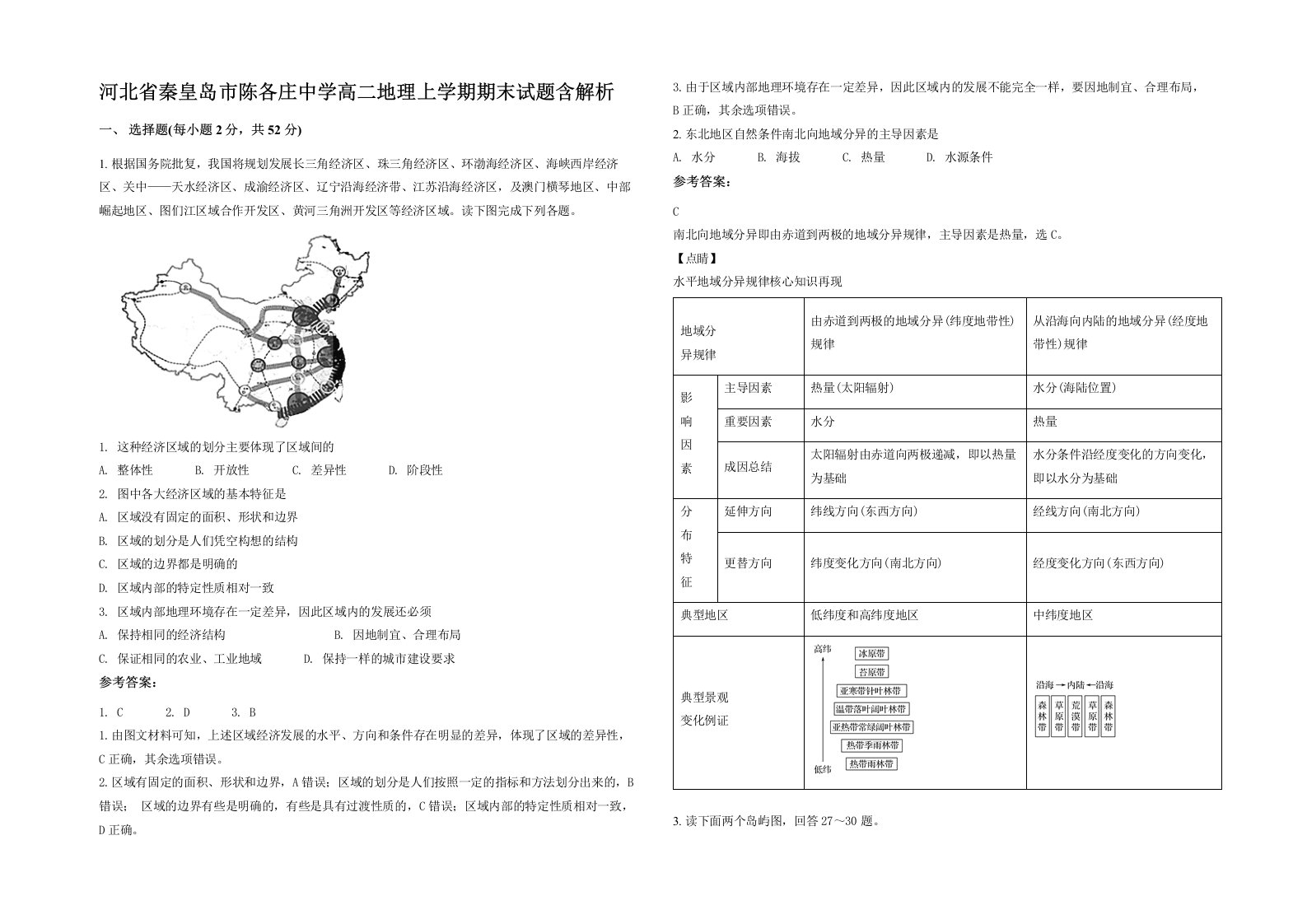 河北省秦皇岛市陈各庄中学高二地理上学期期末试题含解析