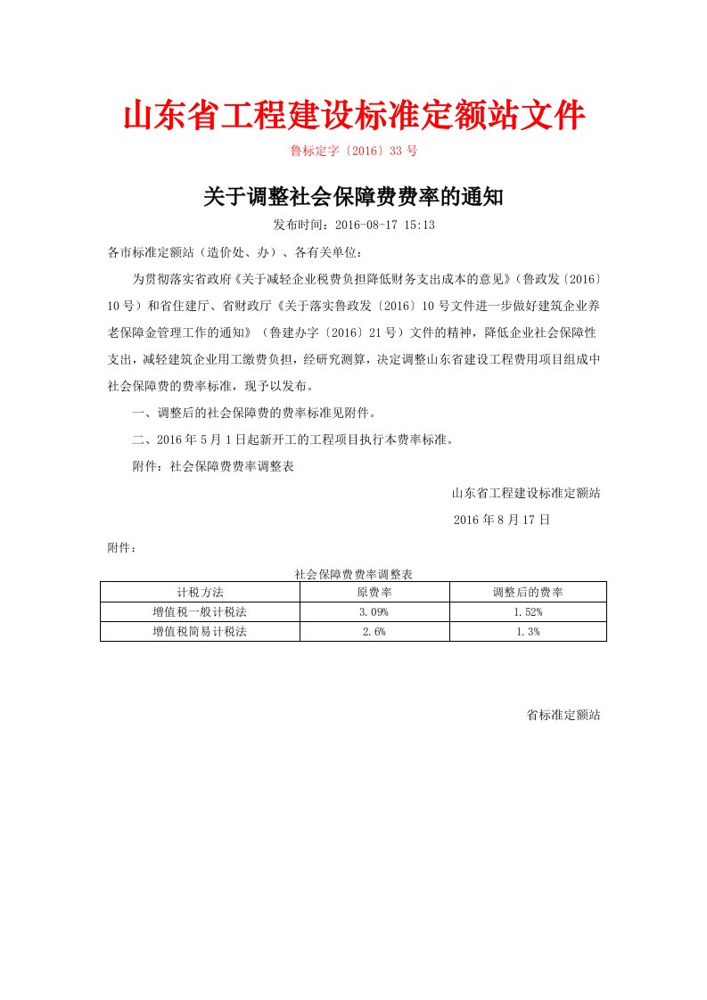 鲁标定字〔2016〕33号关于调整社会保障费费率的通知