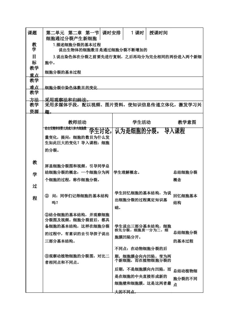 细胞通过分裂产生新细胞教案-人教版生物七年级上册