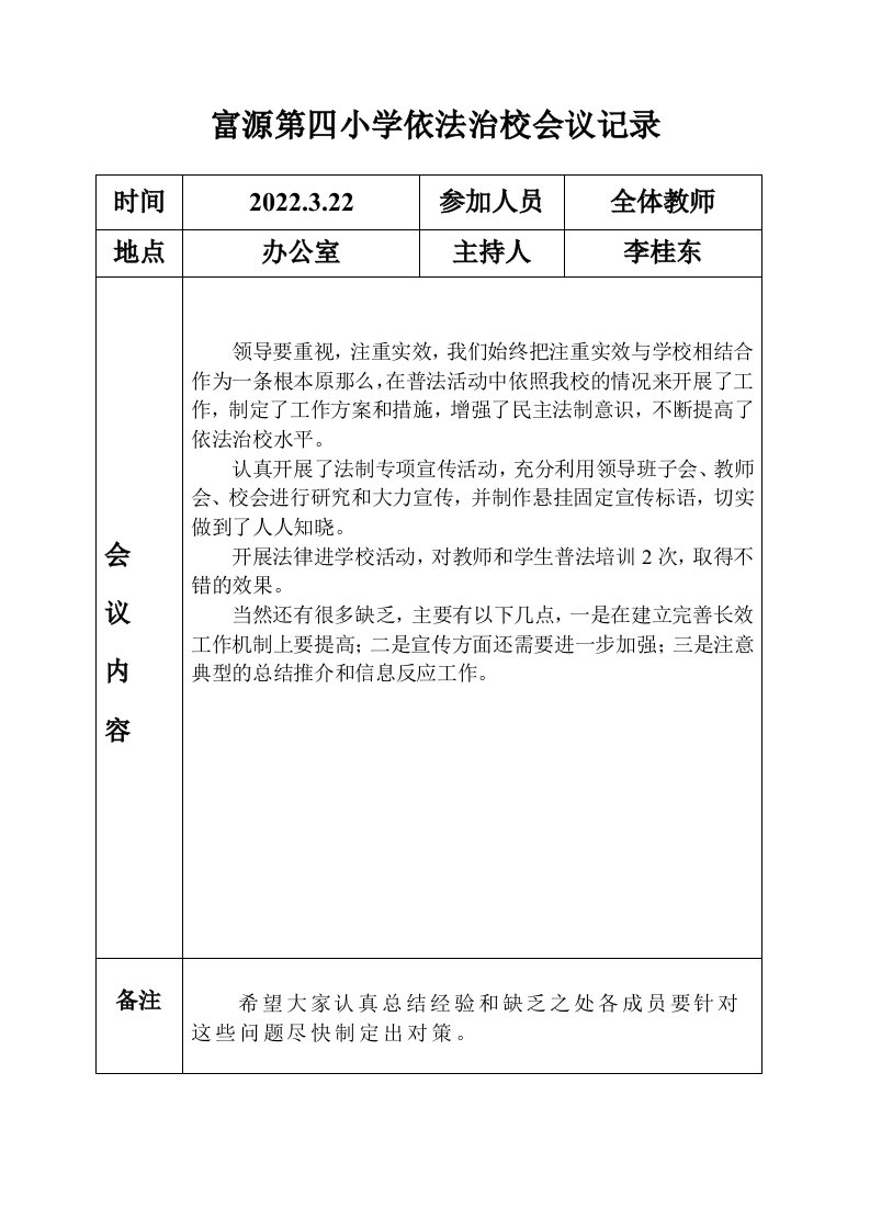 最新东街小学依法治校会议记录2