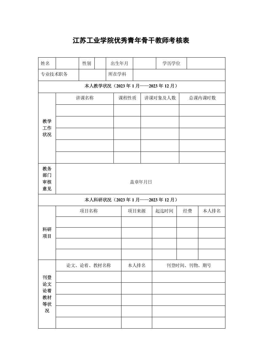 2023年江苏工业学院优秀青年骨干教师考核表