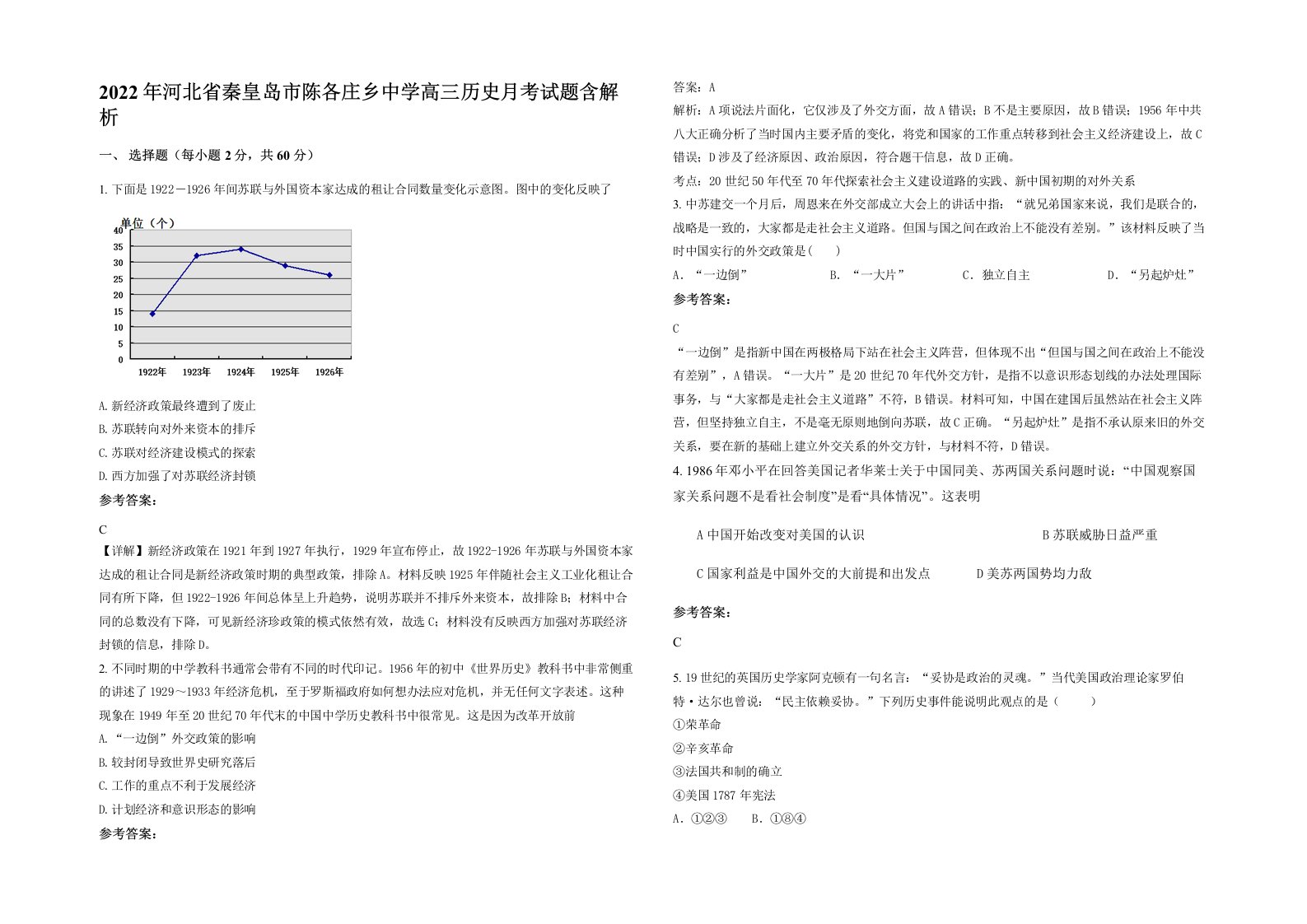 2022年河北省秦皇岛市陈各庄乡中学高三历史月考试题含解析