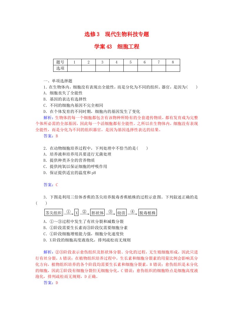 2016届高三生物一轮总复习细胞工程限时训练含解析新人教版选修3