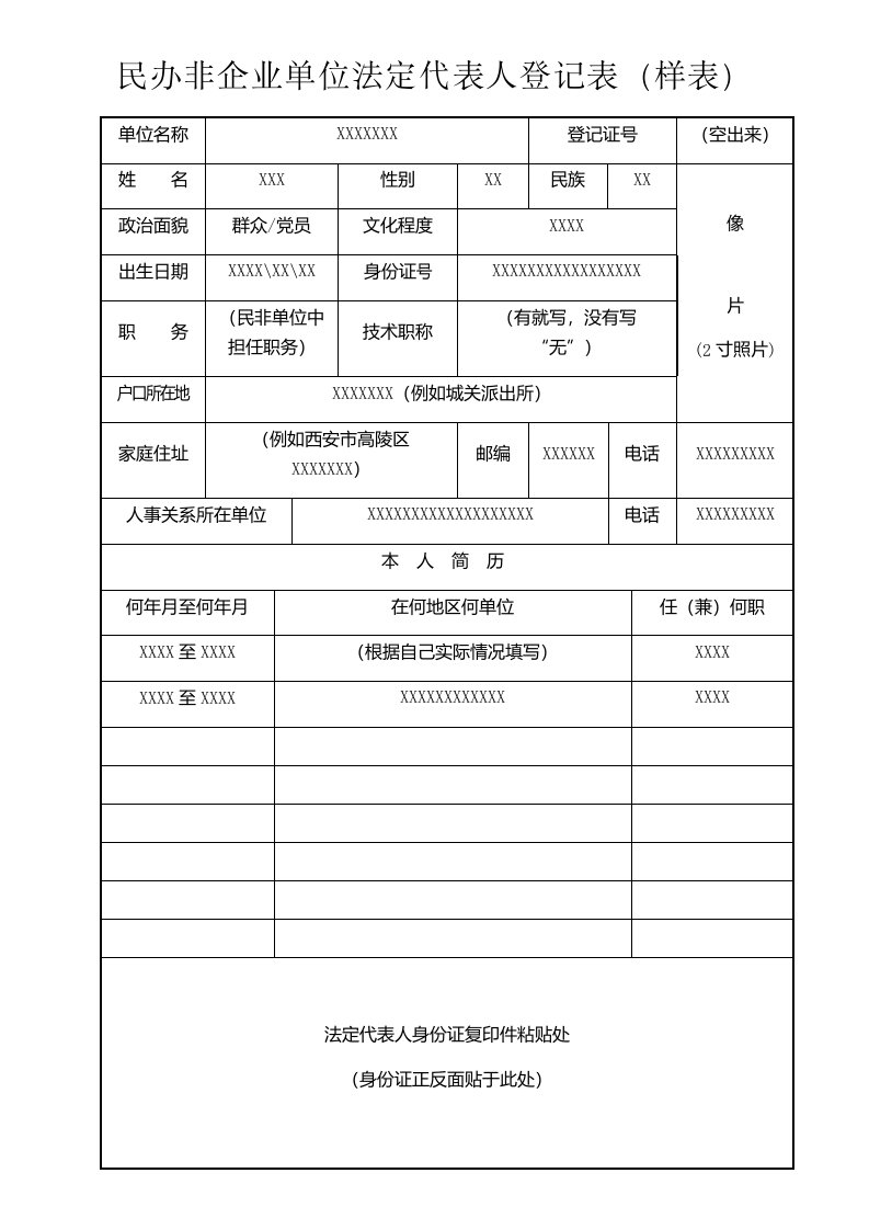 民办非企业单位法定代表人登记表（样表）