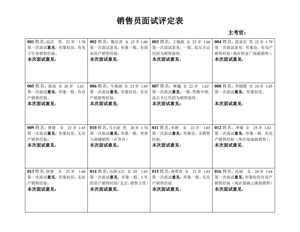 推荐-销售员面试评定表