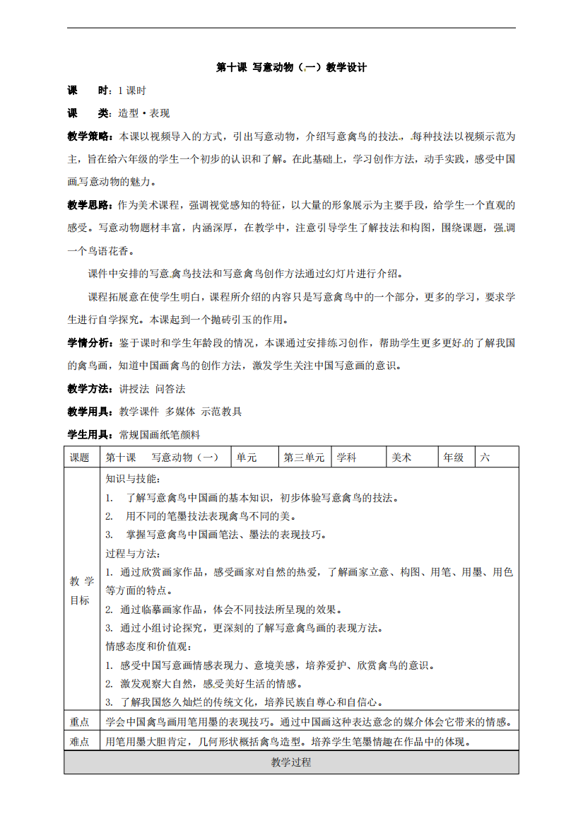 第10课-写意动物一-六年级上册美术教案表格-岭南版