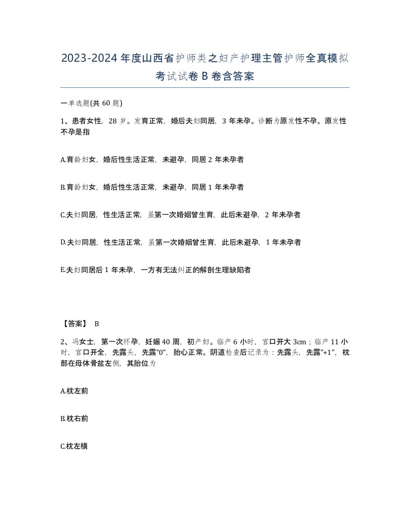 2023-2024年度山西省护师类之妇产护理主管护师全真模拟考试试卷B卷含答案