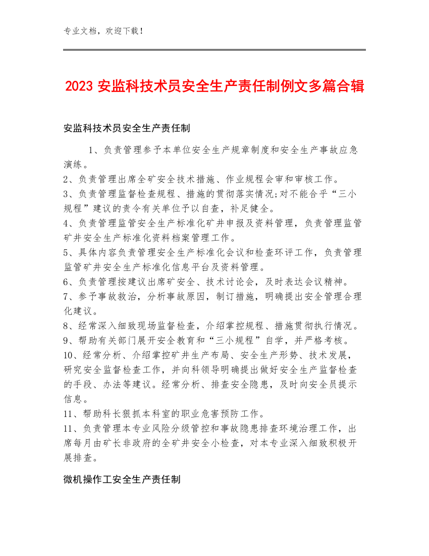 2023安监科技术员安全生产责任制例文多篇合辑