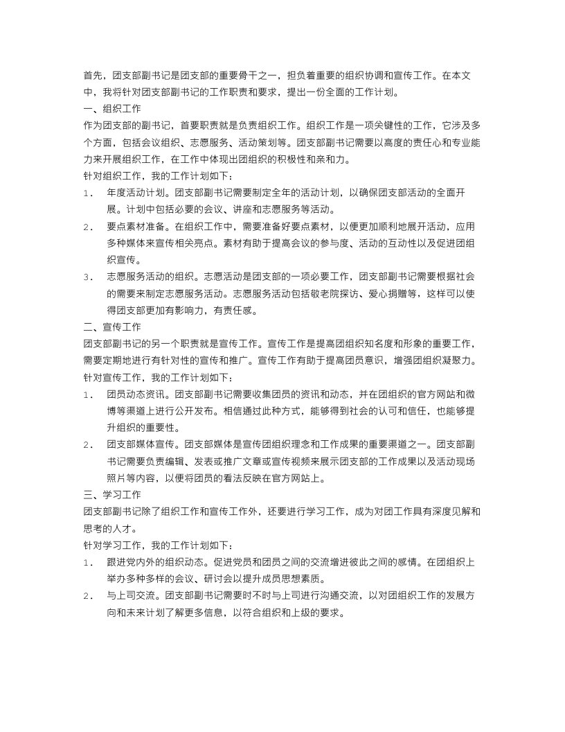 团支部副书记工作计划