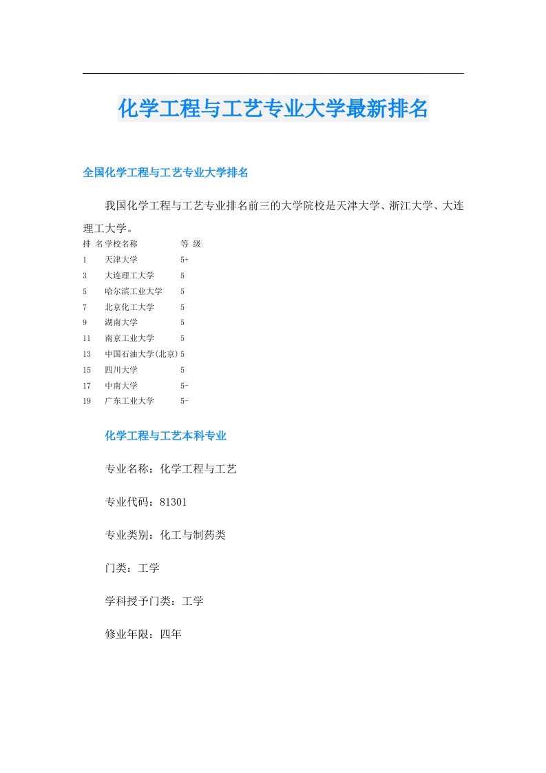 化学工程与工艺专业大学最新排名