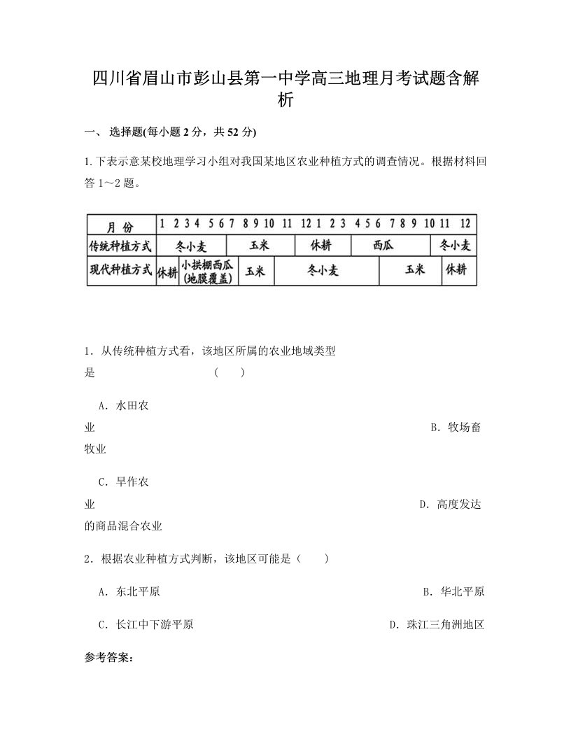 四川省眉山市彭山县第一中学高三地理月考试题含解析