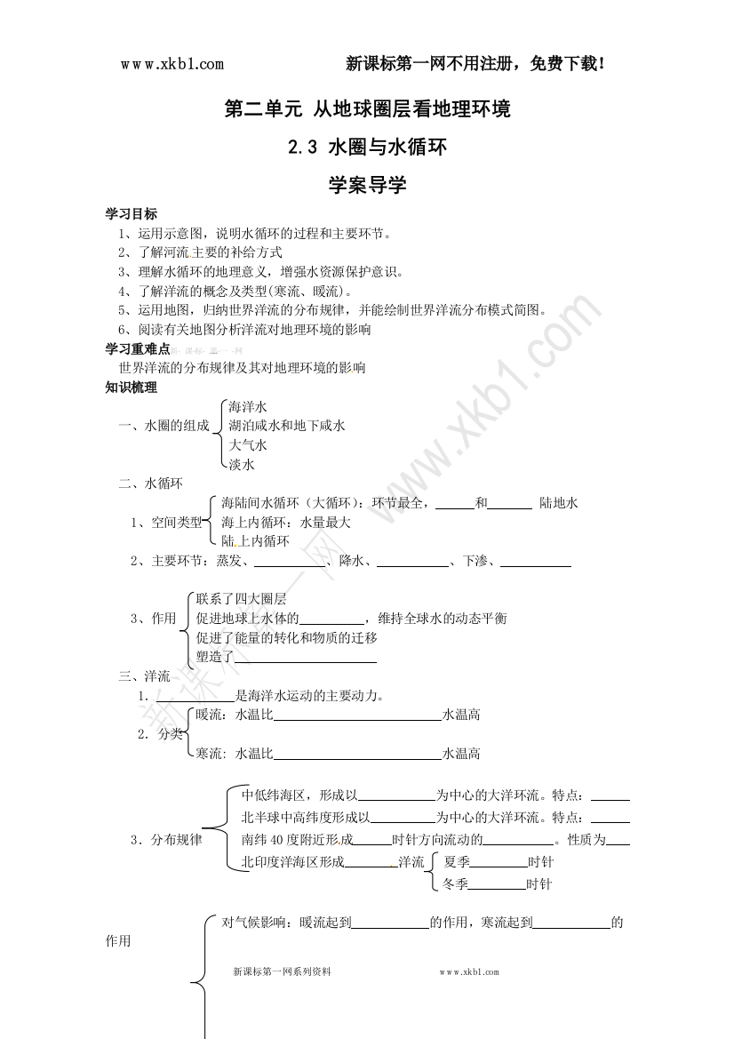 【小学中学教育精选】鲁教版必修1地理：2.3《水圈与水循环》学案