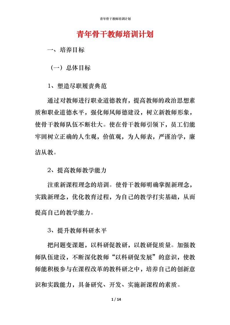 青年骨干教师培训计划