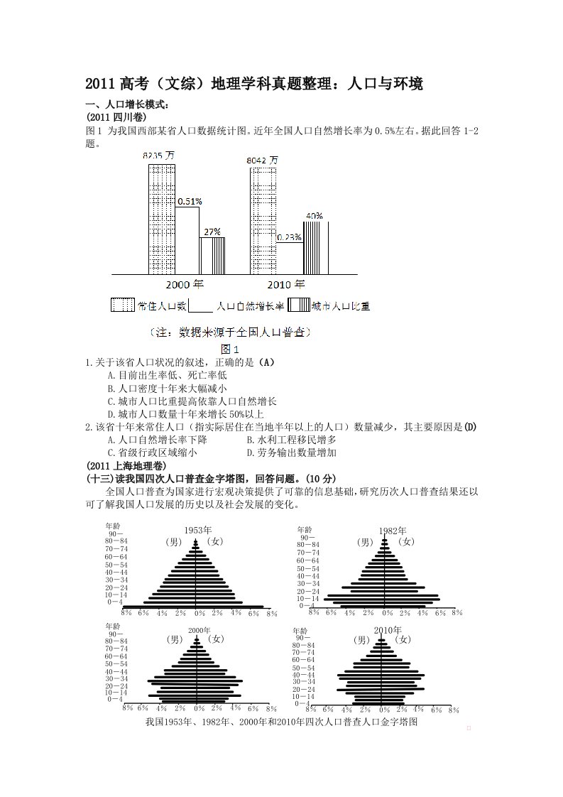 高考文综地理学科真题目整理人口与环境