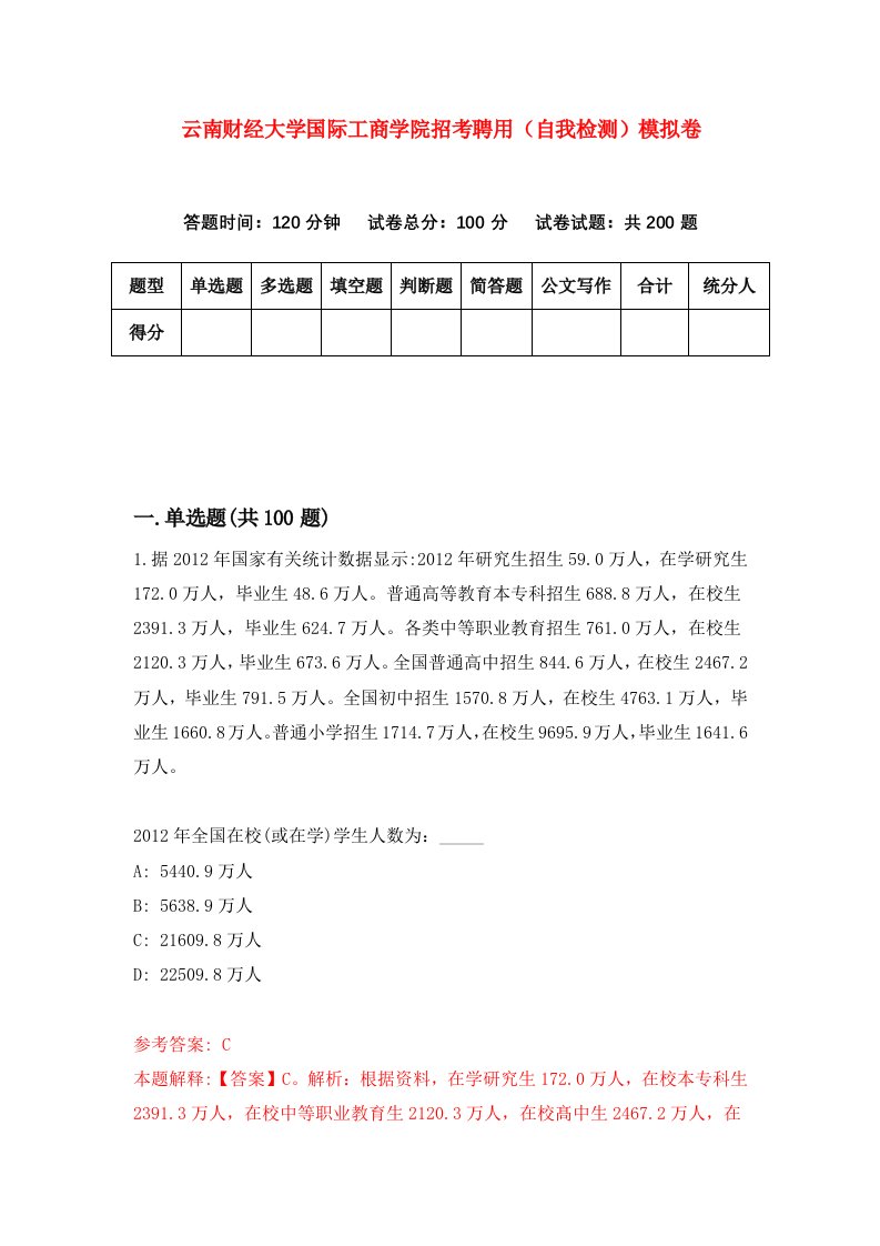 云南财经大学国际工商学院招考聘用自我检测模拟卷第3版