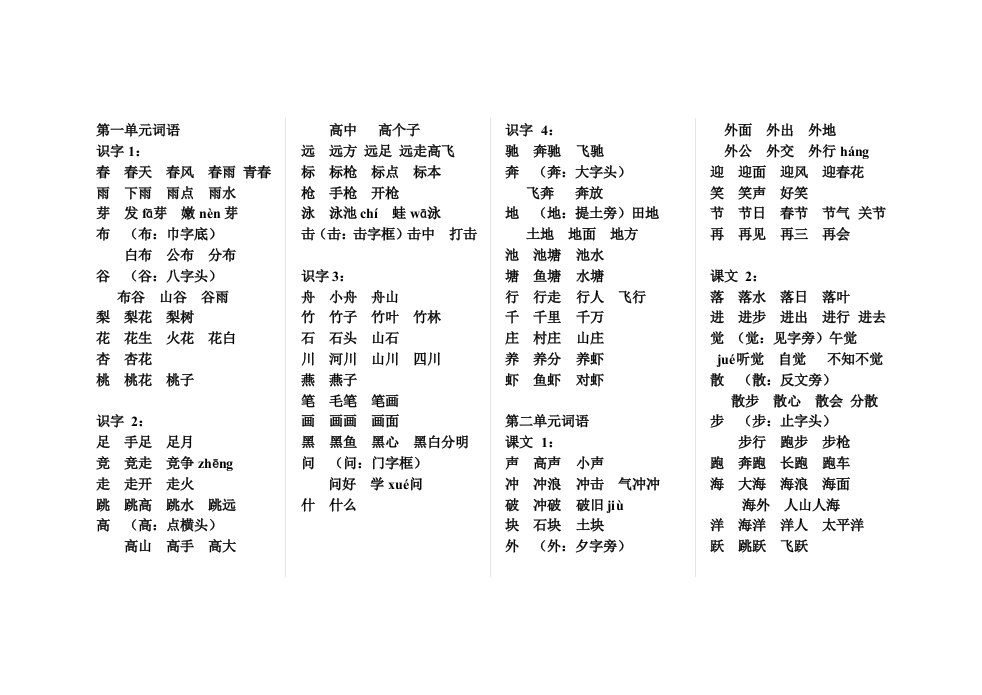 苏教版一年级下册词语表