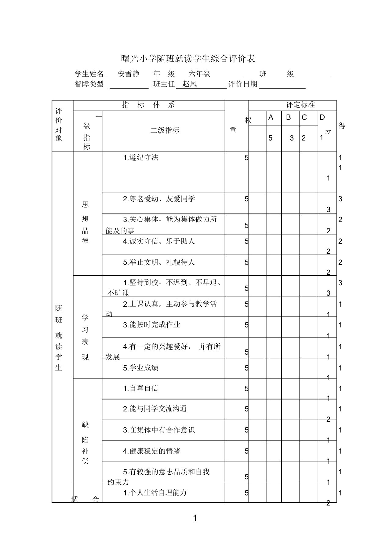 随班就读学生综合评价表