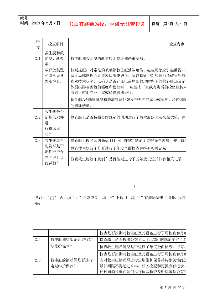 救生艇检查项目