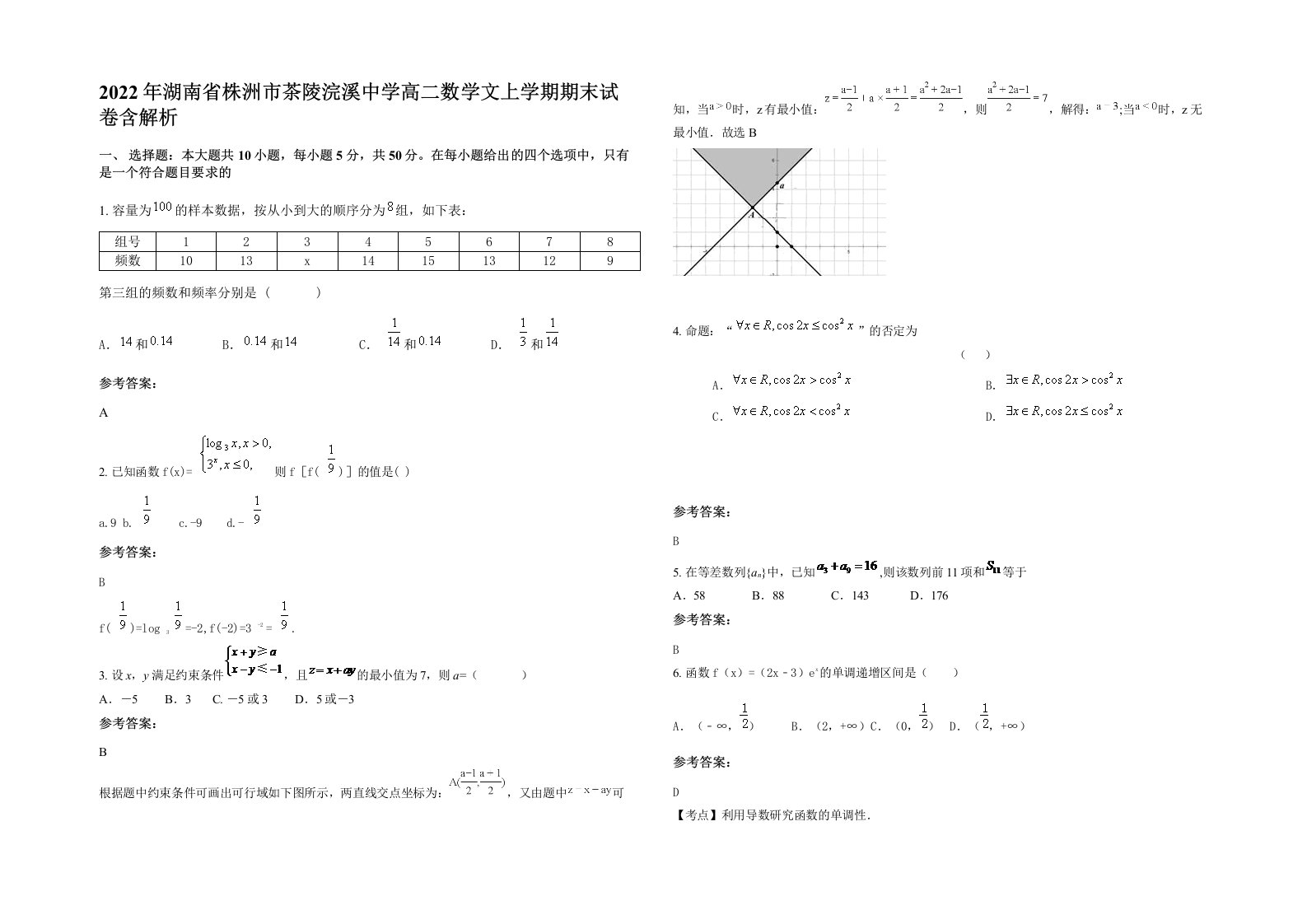 2022年湖南省株洲市茶陵浣溪中学高二数学文上学期期末试卷含解析