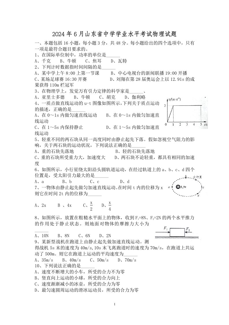 2024年6月山东省学业水平考试-物理真题带答案