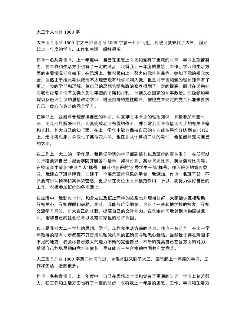 大三个人总结1000字