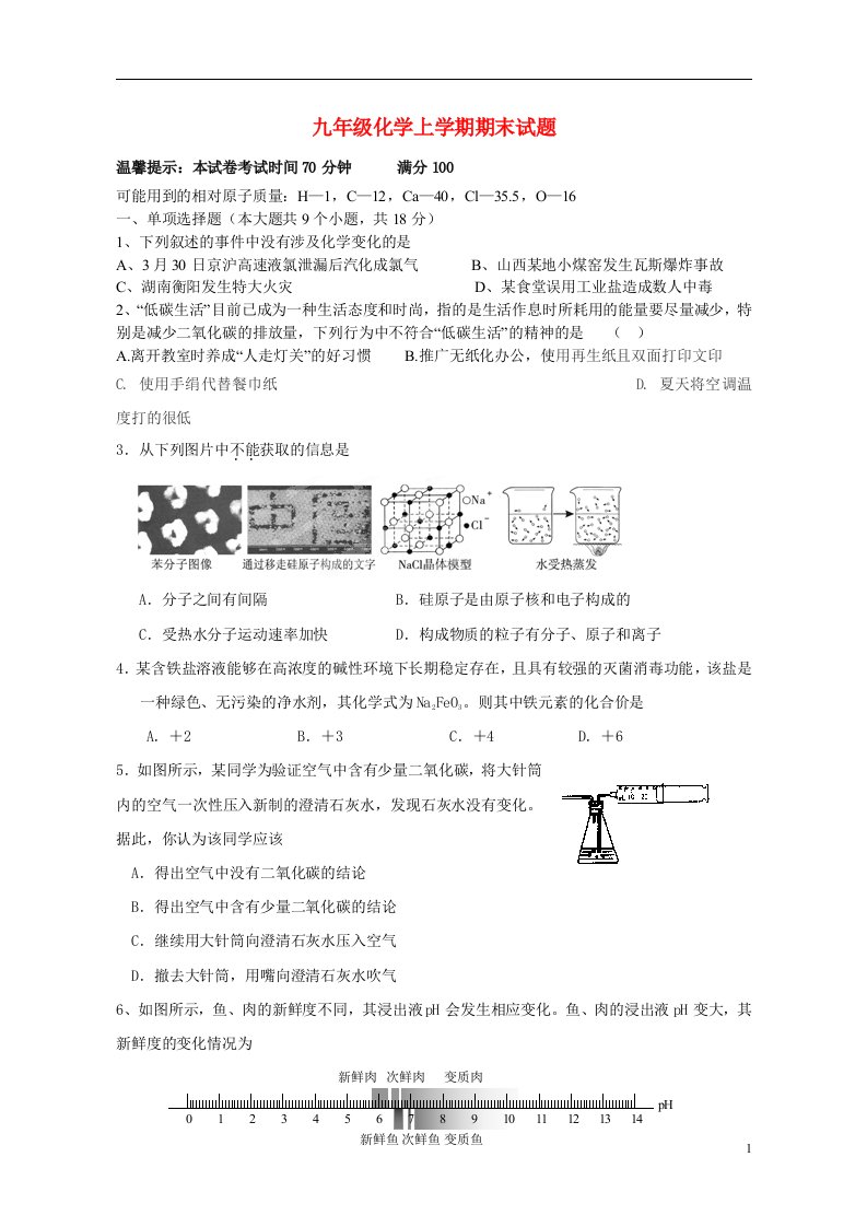 江西省崇仁二中九级化学上学期期末试题（无答案）