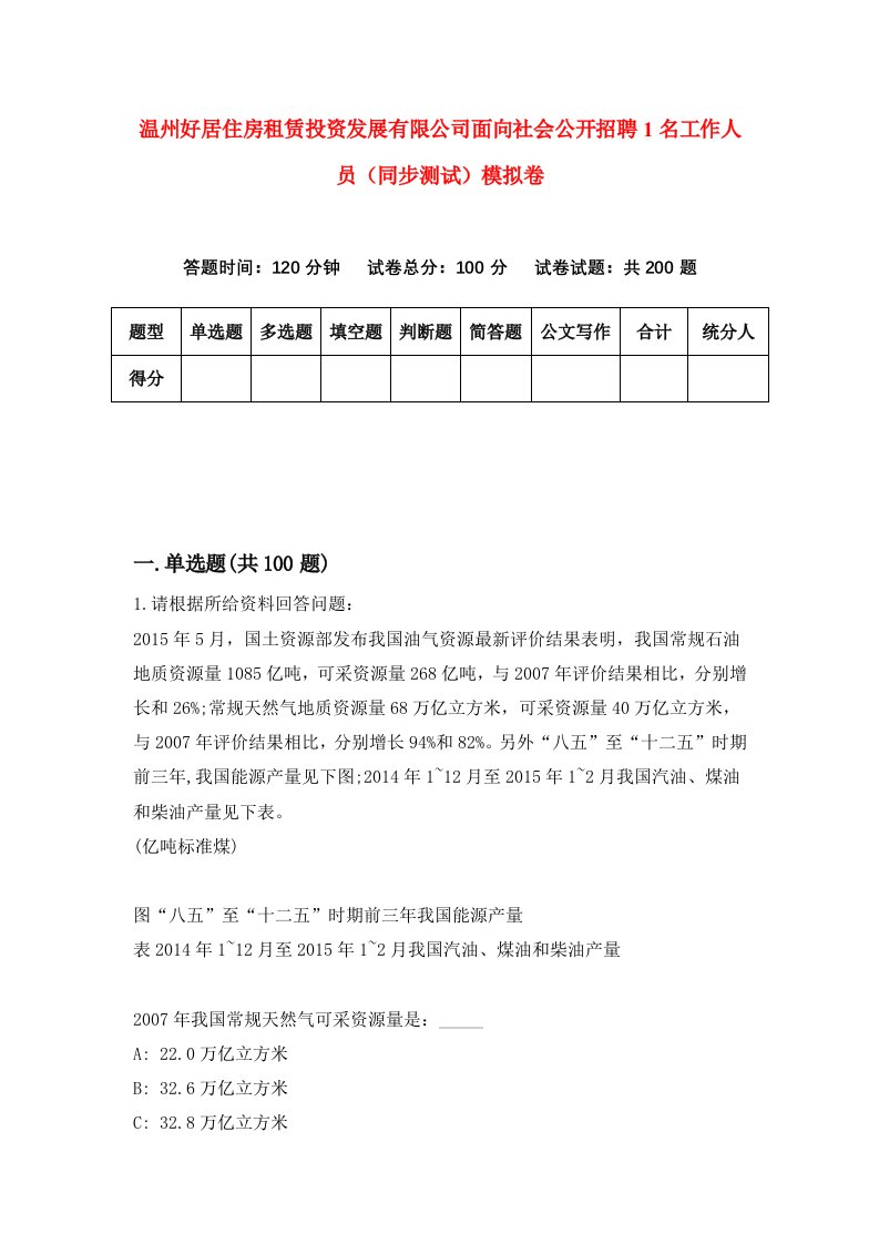 温州好居住房租赁投资发展有限公司面向社会公开招聘1名工作人员同步测试模拟卷3