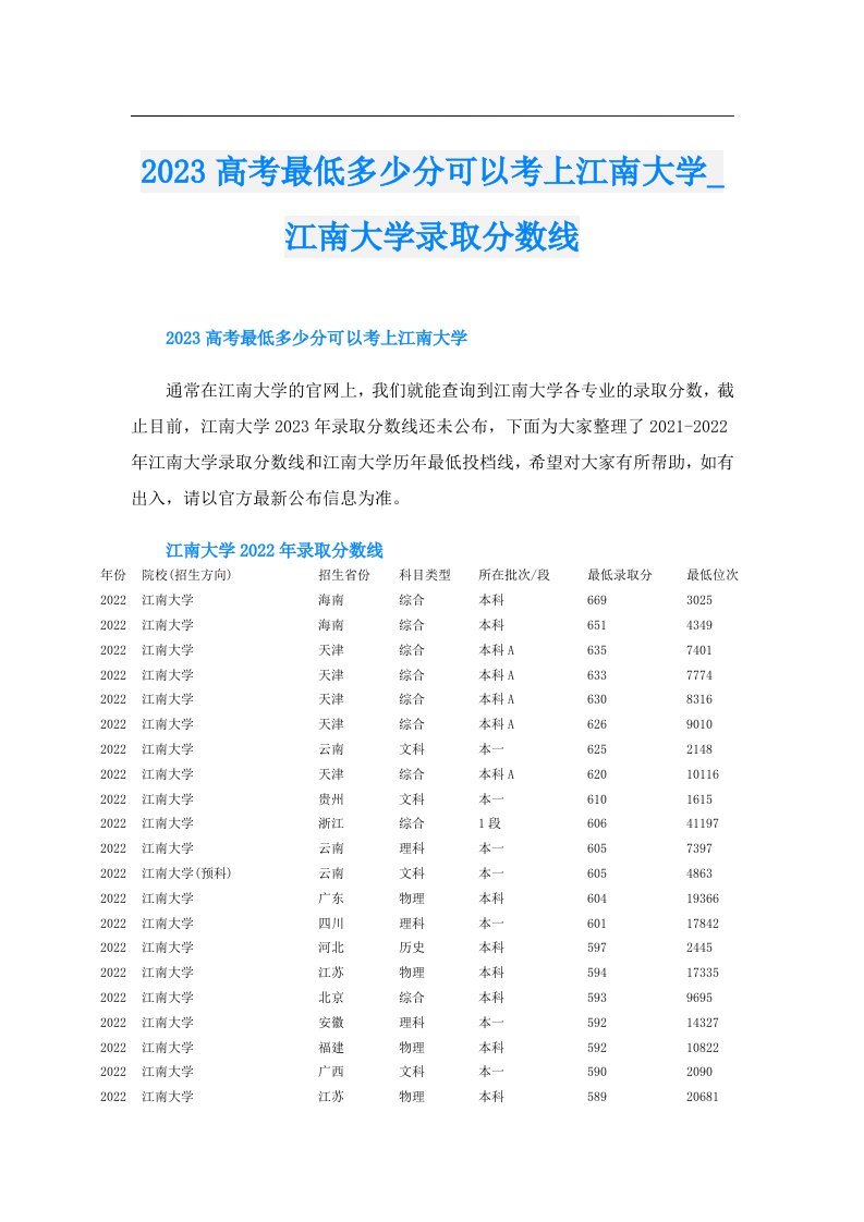 高考最低多少分可以考上江南大学_江南大学录取分数线