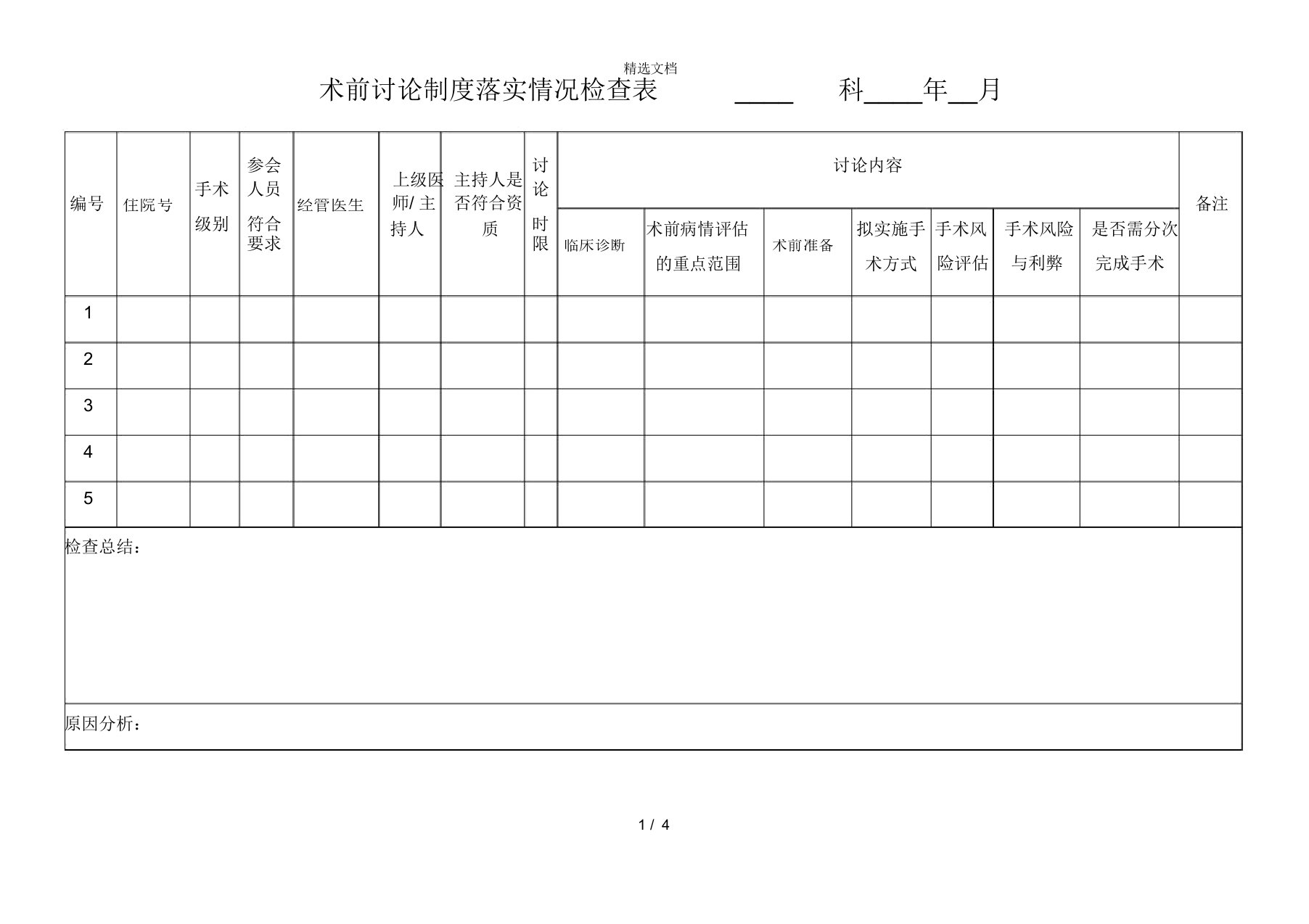 术前讨论制度落实情况检查表