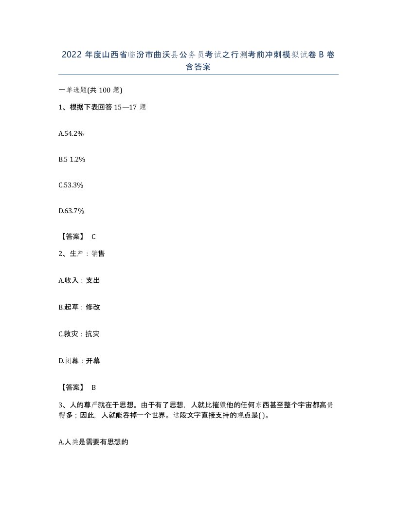 2022年度山西省临汾市曲沃县公务员考试之行测考前冲刺模拟试卷B卷含答案