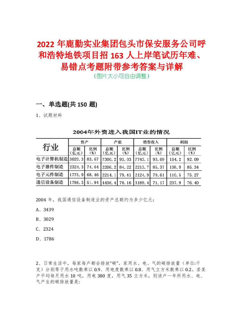 2022年鹿勤实业集团包头市保安服务公司呼和浩特地铁项目招163人上岸笔试历年难、易错点考题附带参考答案与详解