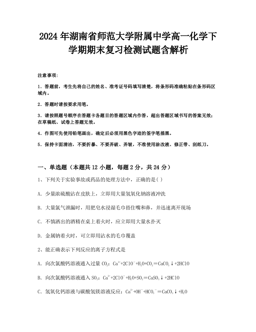 2024年湖南省师范大学附属中学高一化学下学期期末复习检测试题含解析