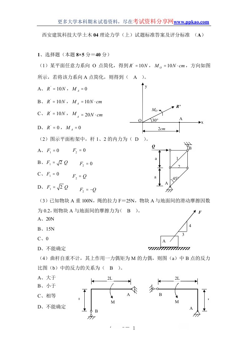 西安建筑科技大学2004级理论力学上期末试卷答案