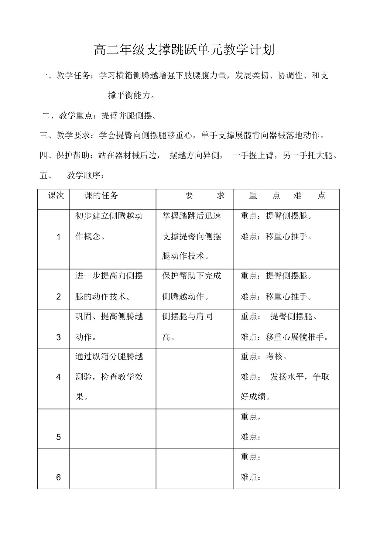 高中二年级体育与健康教案集：支撑跳跃单元教学计划