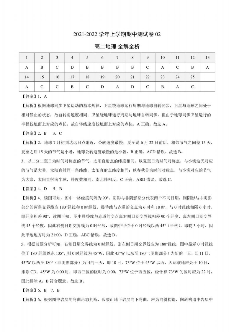 2021-2022学年高二地理上学期期中测试卷（湘教版2019）02（全解全析）