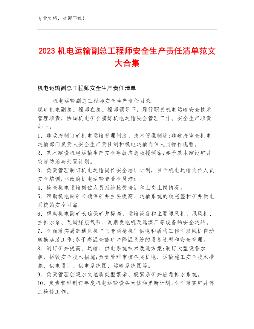 2023机电运输副总工程师安全生产责任清单范文大合集