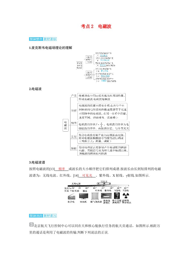 备考2024届高考物理一轮复习讲义第十三章交变电流电磁振荡与电磁波传感器第3讲电磁振荡与电磁波考点2电磁波