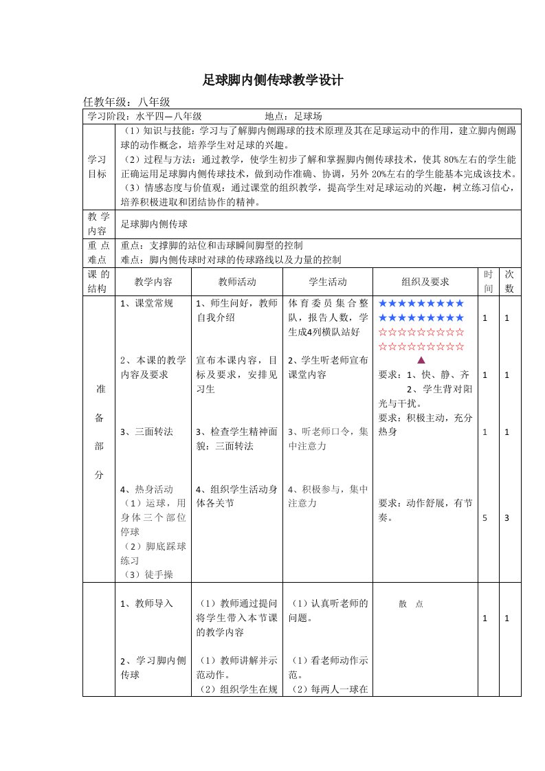 足球脚内侧传球教案