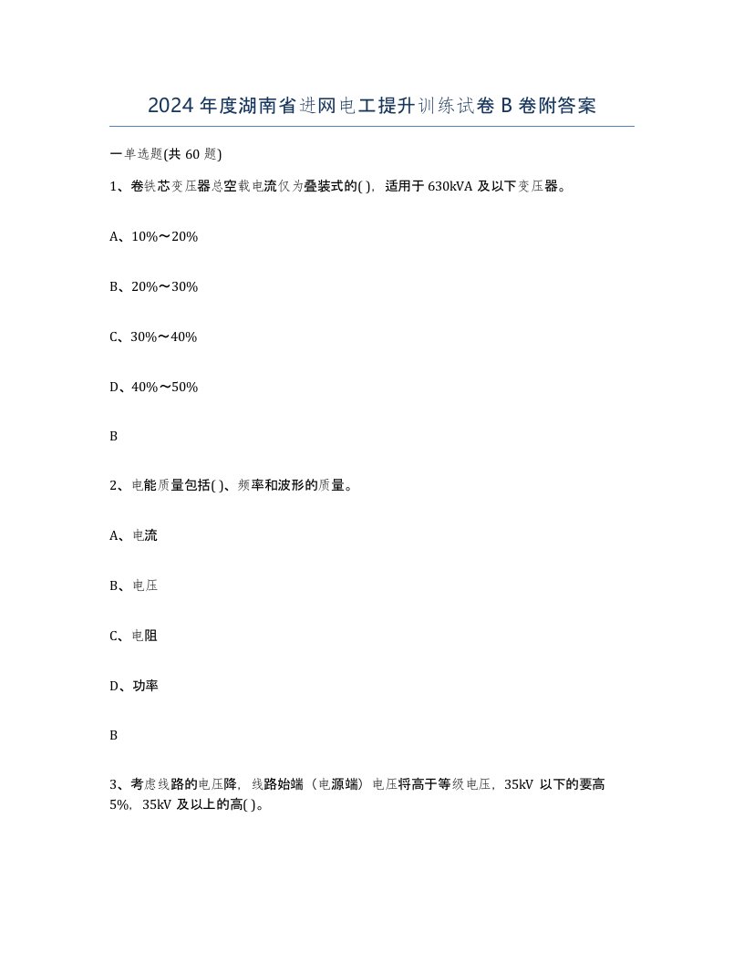 2024年度湖南省进网电工提升训练试卷B卷附答案