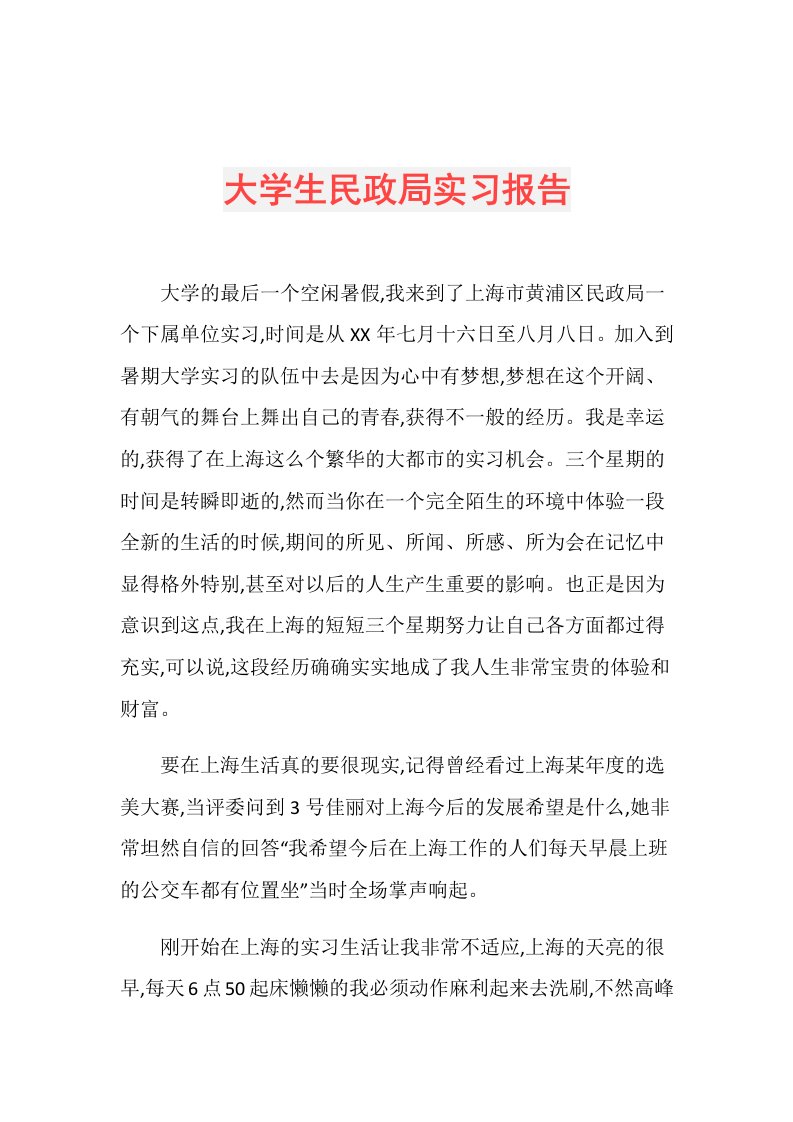 大学生民政局实习报告