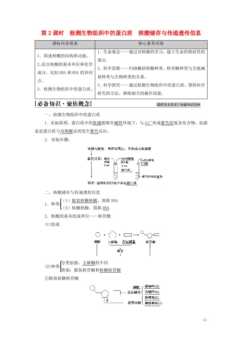 2021_2022学年新教材高中生物第一章细胞的分子组成第3节第2课时检测生物组织中的蛋白质核酸储存与传递遗传信息学案苏教版必修120210622392