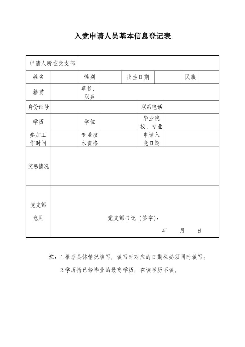 入党申请人员基本信息登记表