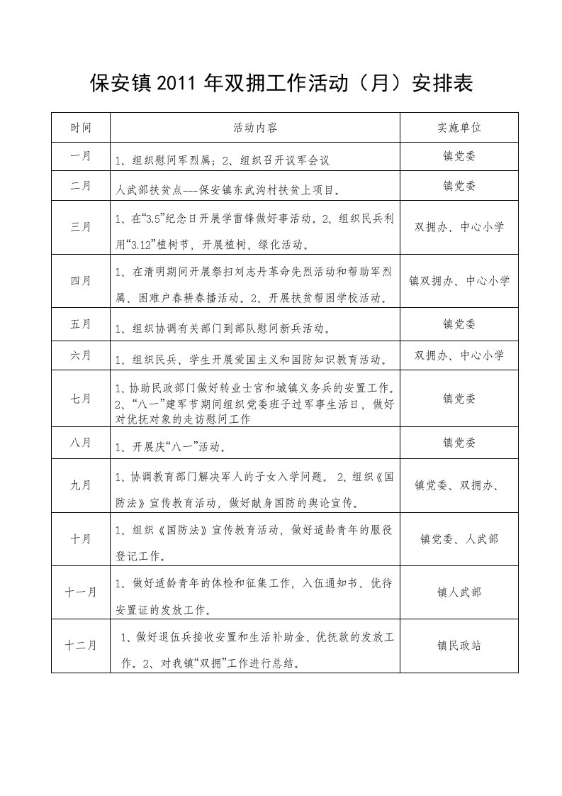 保安镇2011年双拥工作活动(月)安排表