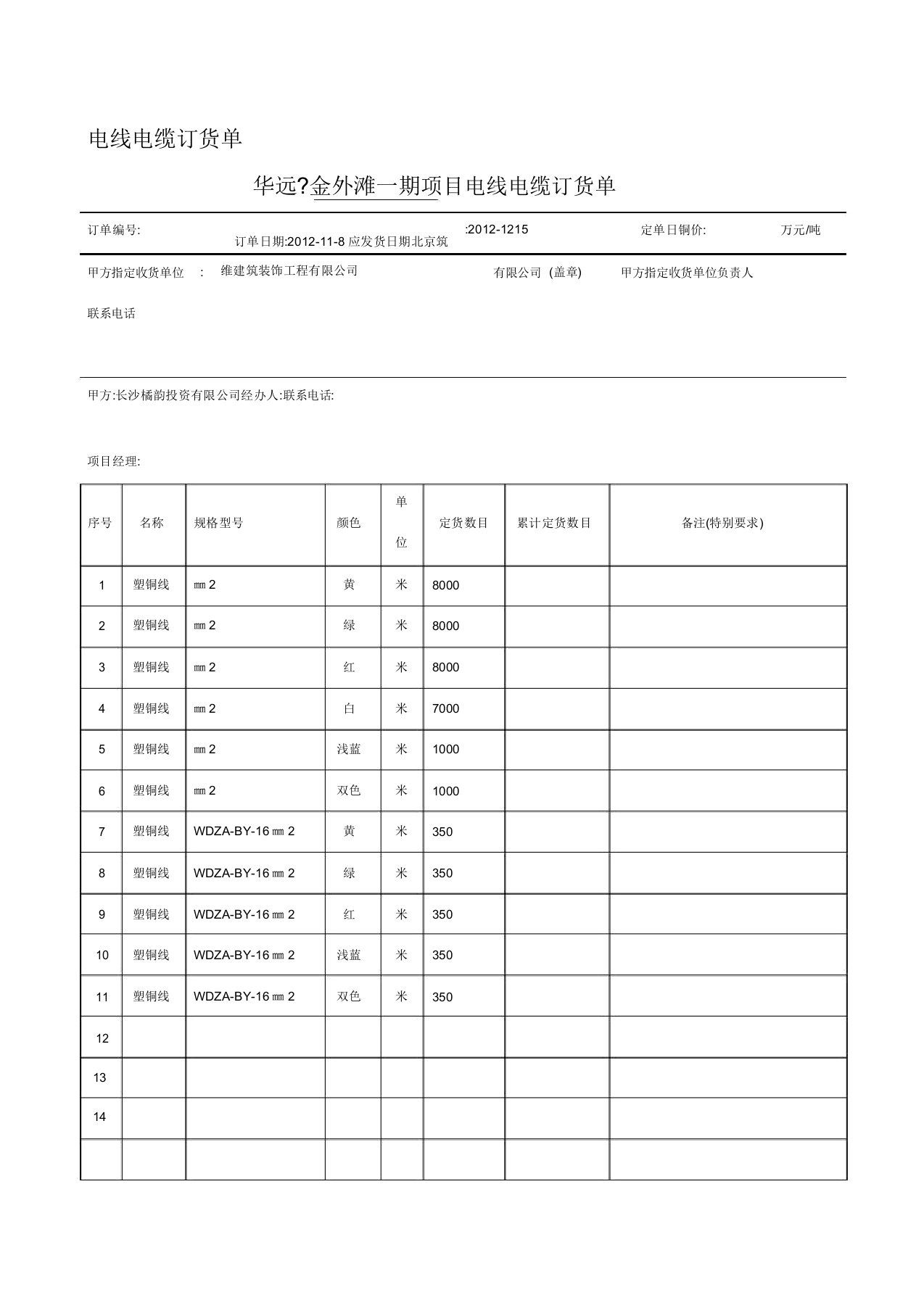 电线电缆订货单