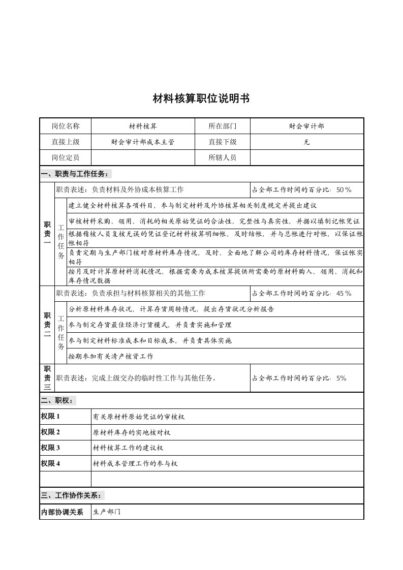 财会审计部材料核算岗位描述