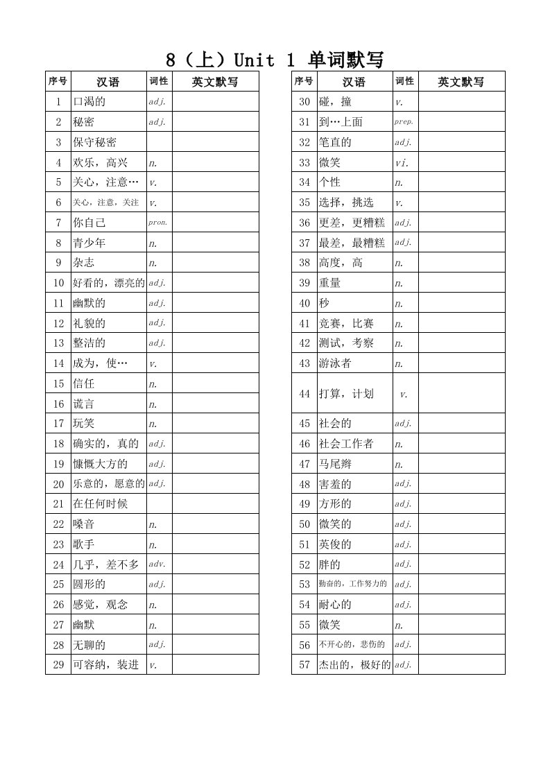 苏教版八年级上册英语单词默写表