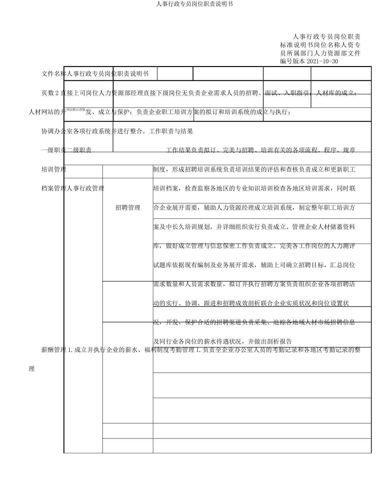 人事行政专员岗位职责说明书